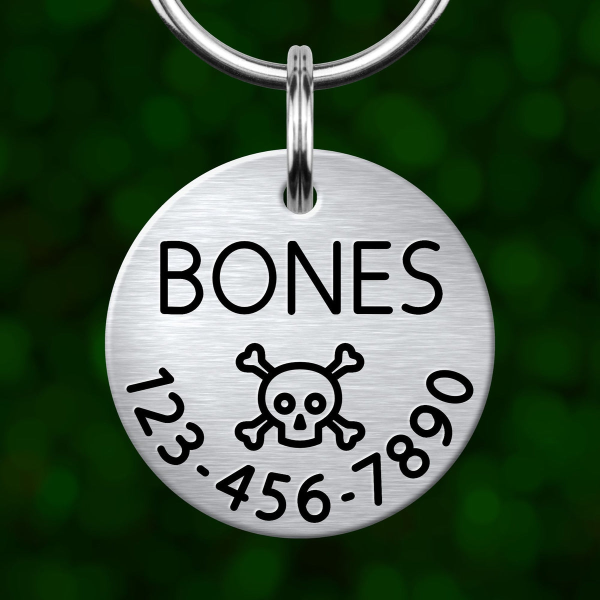 A silver metal pet tag with the word "BONES" printed on it, along with a skull and crossbones symbol.