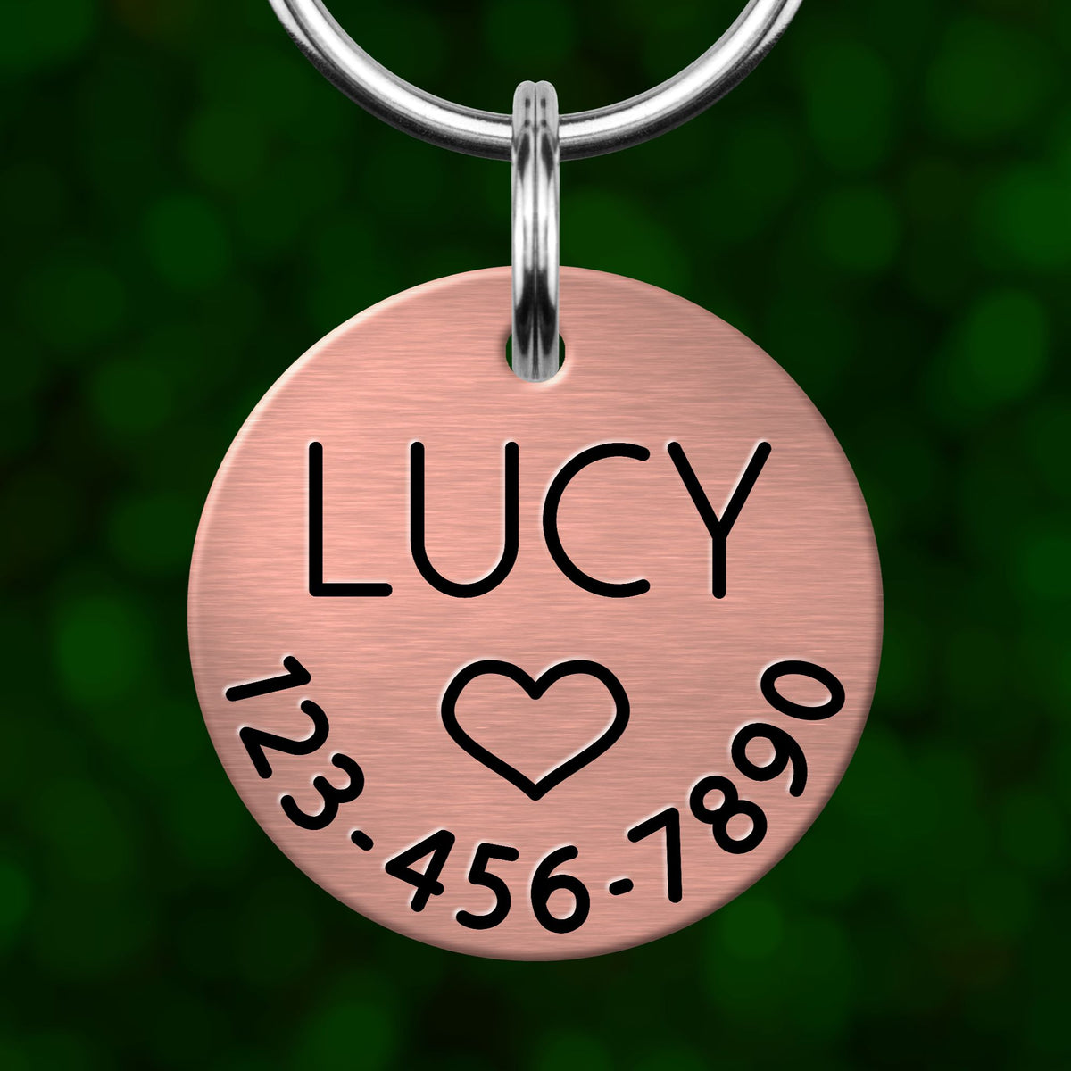 A copper-colored pet tag with the name "LUCY" and a heart symbol, along with the numbers "123-456-7890".