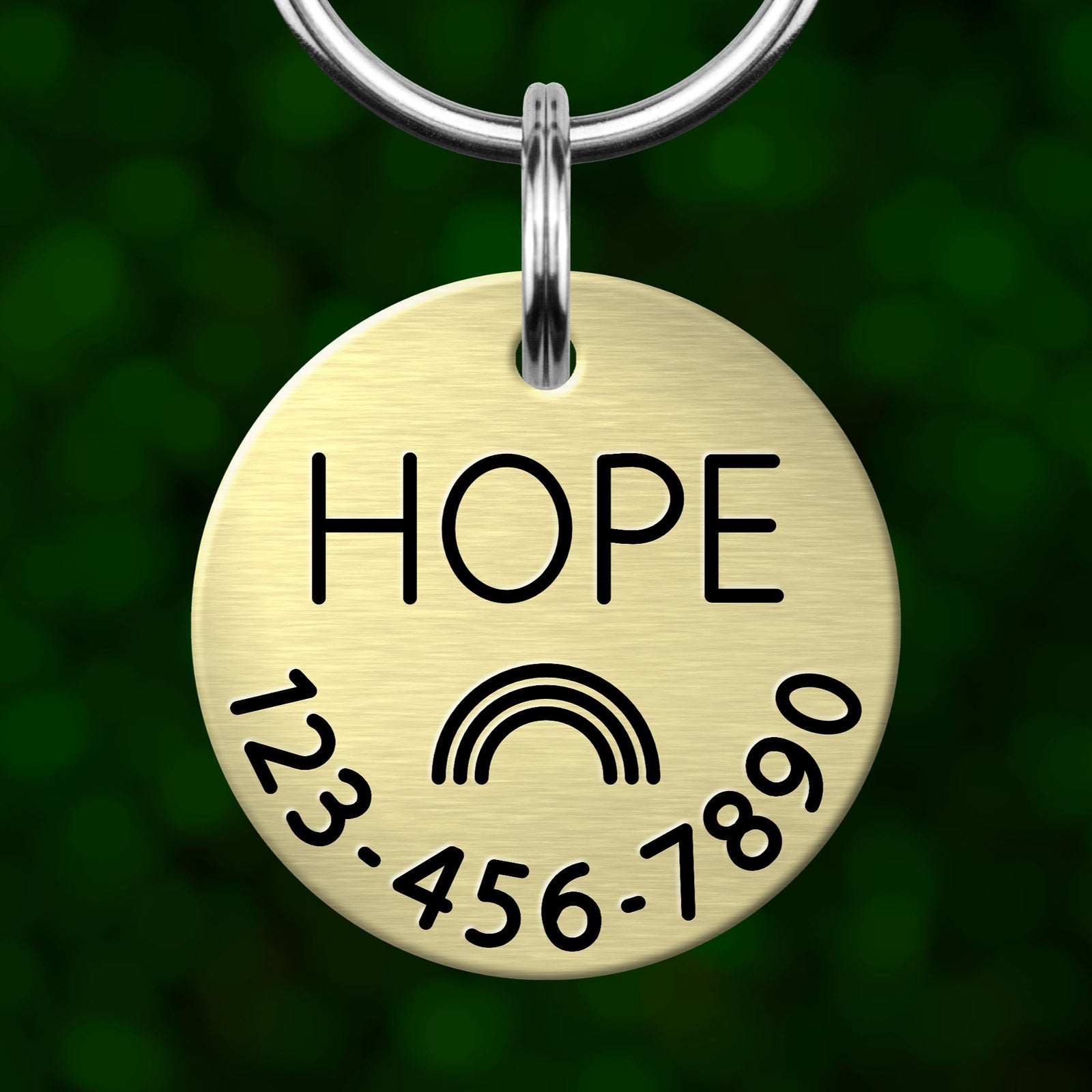 A round metal pet tag with the word "HOPE" printed on it, hanging from a keychain.