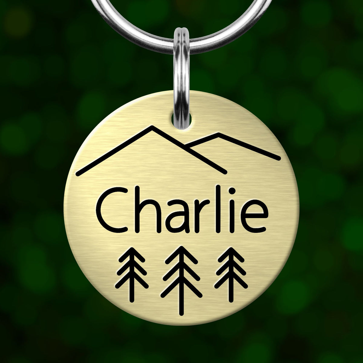 A round metal keychain tag with the name "Charlie" and three tree icons printed on it.
