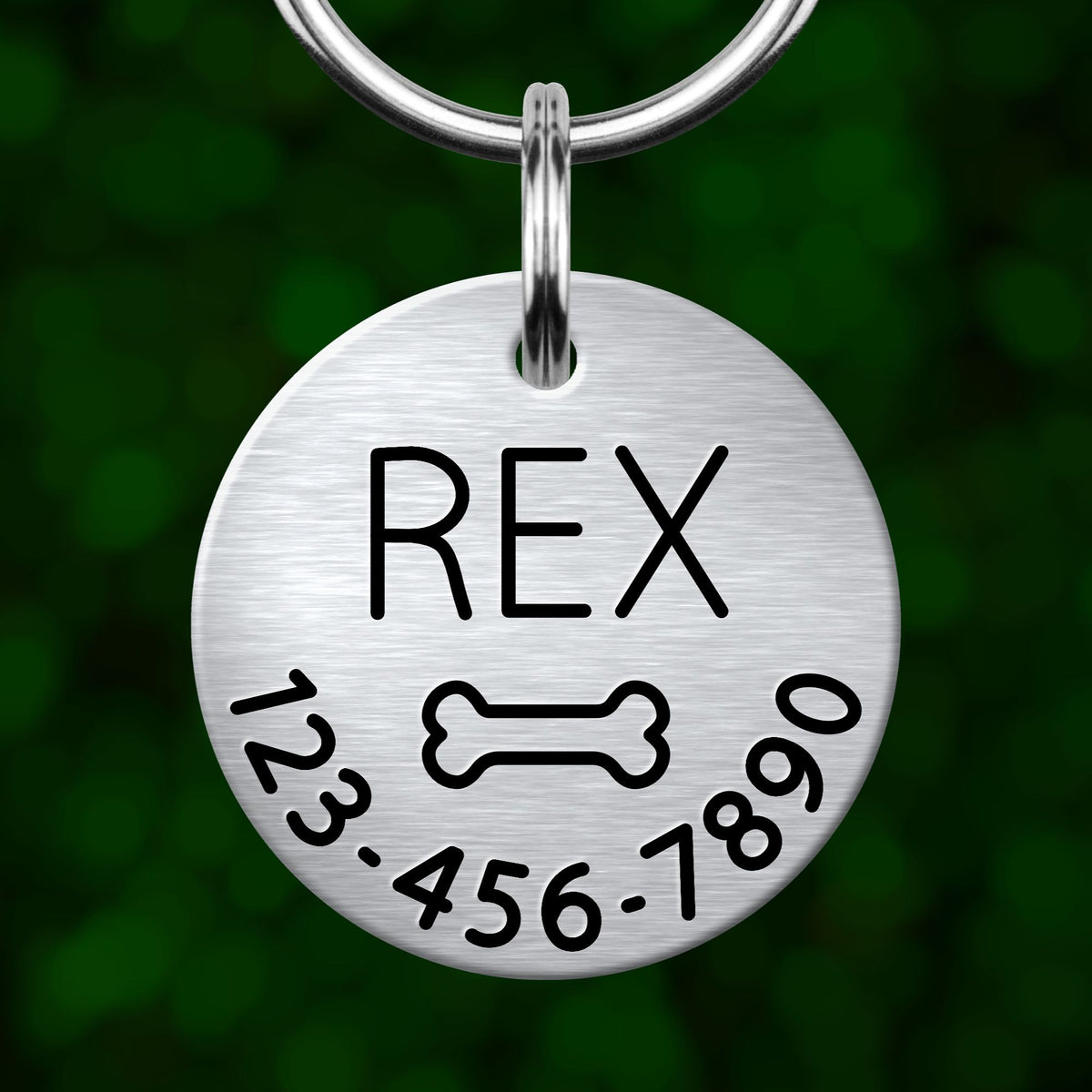 A silver metal pet tag with the name "Rex" and a bone symbol printed on it.