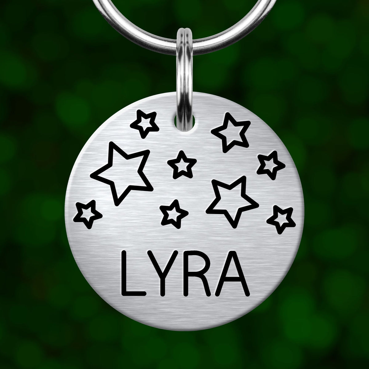 A silver circular pet tag with the name "LYRA" printed on it, surrounded by black stars.