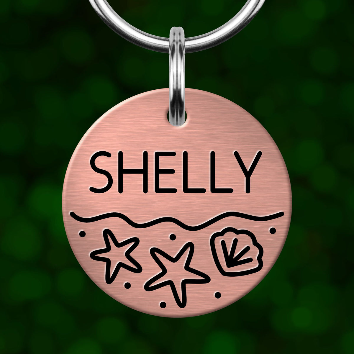A round metal pet tag with the name "SHELLY" printed on it, along with two starfish and a seashell design.