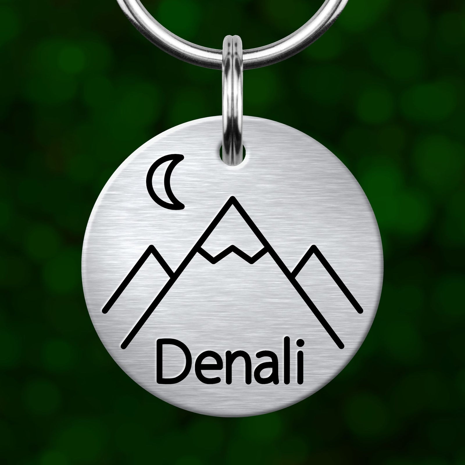 A round metal keychain tag with a mountain and crescent moon design, and the word "Denali" written below it.