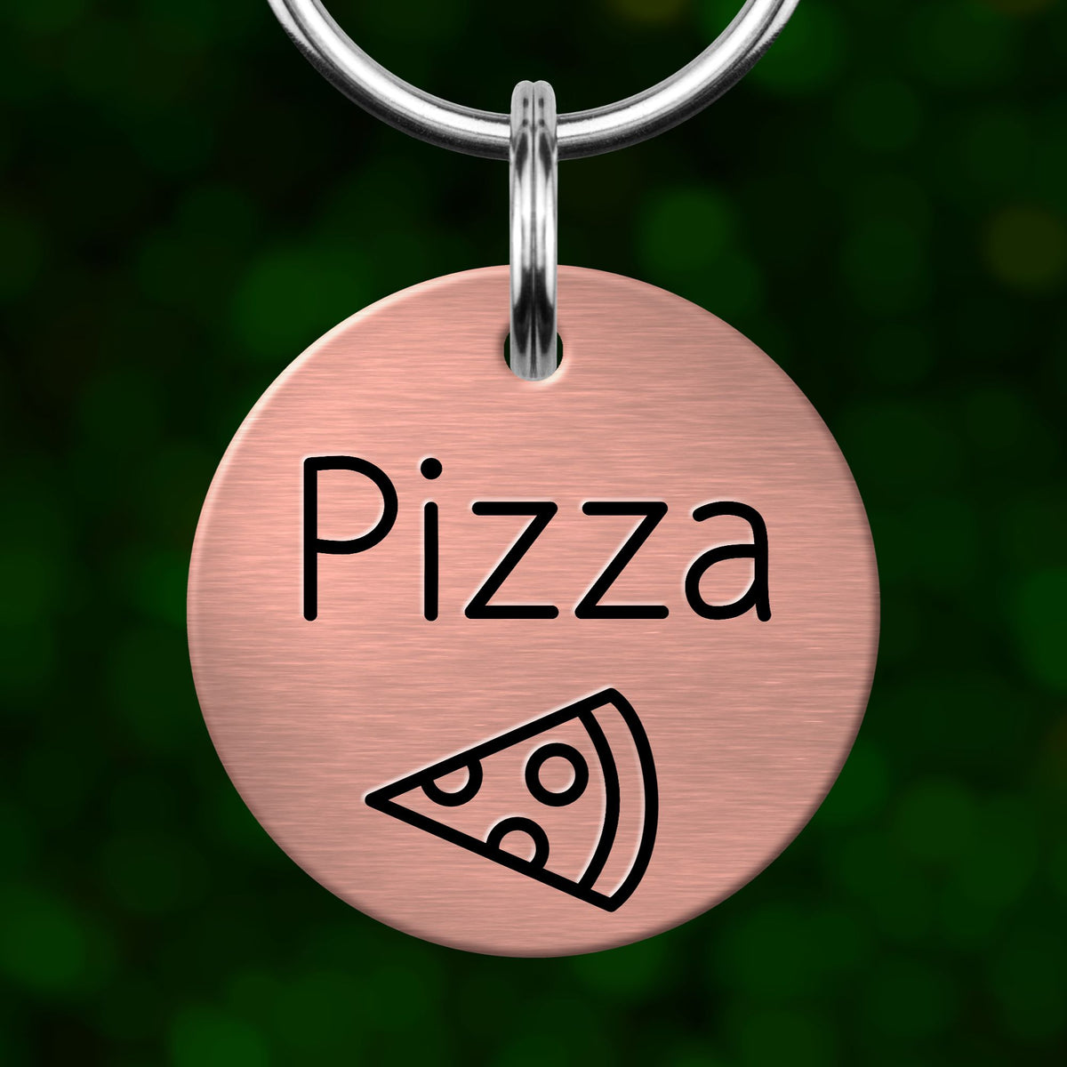 A round metal keychain with the word "Pizza" printed on it, along with a simple illustration of a slice of pizza.