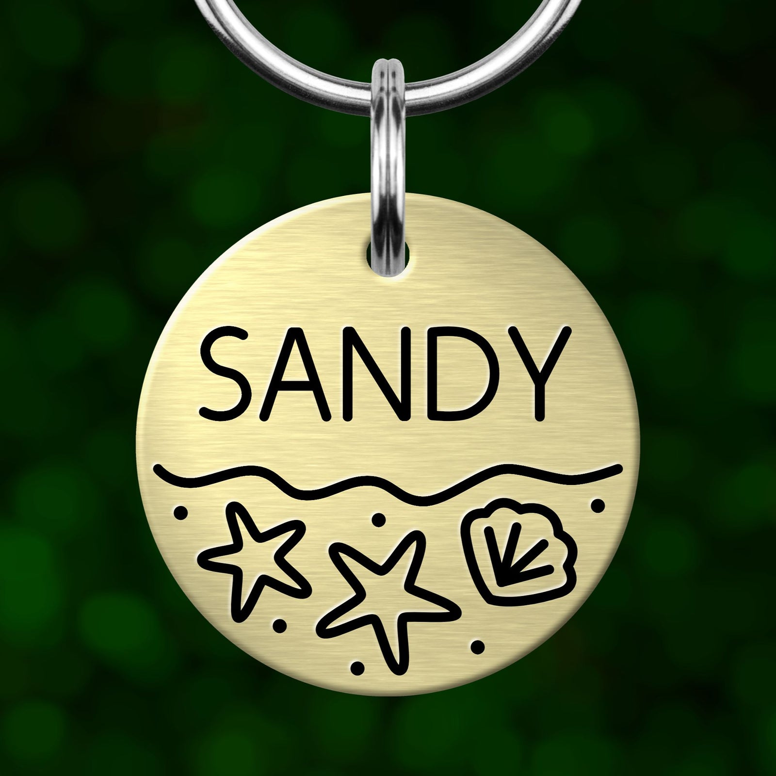 A round metal pet tag with the name "SANDY" printed on it, along with two starfish and a seashell design.