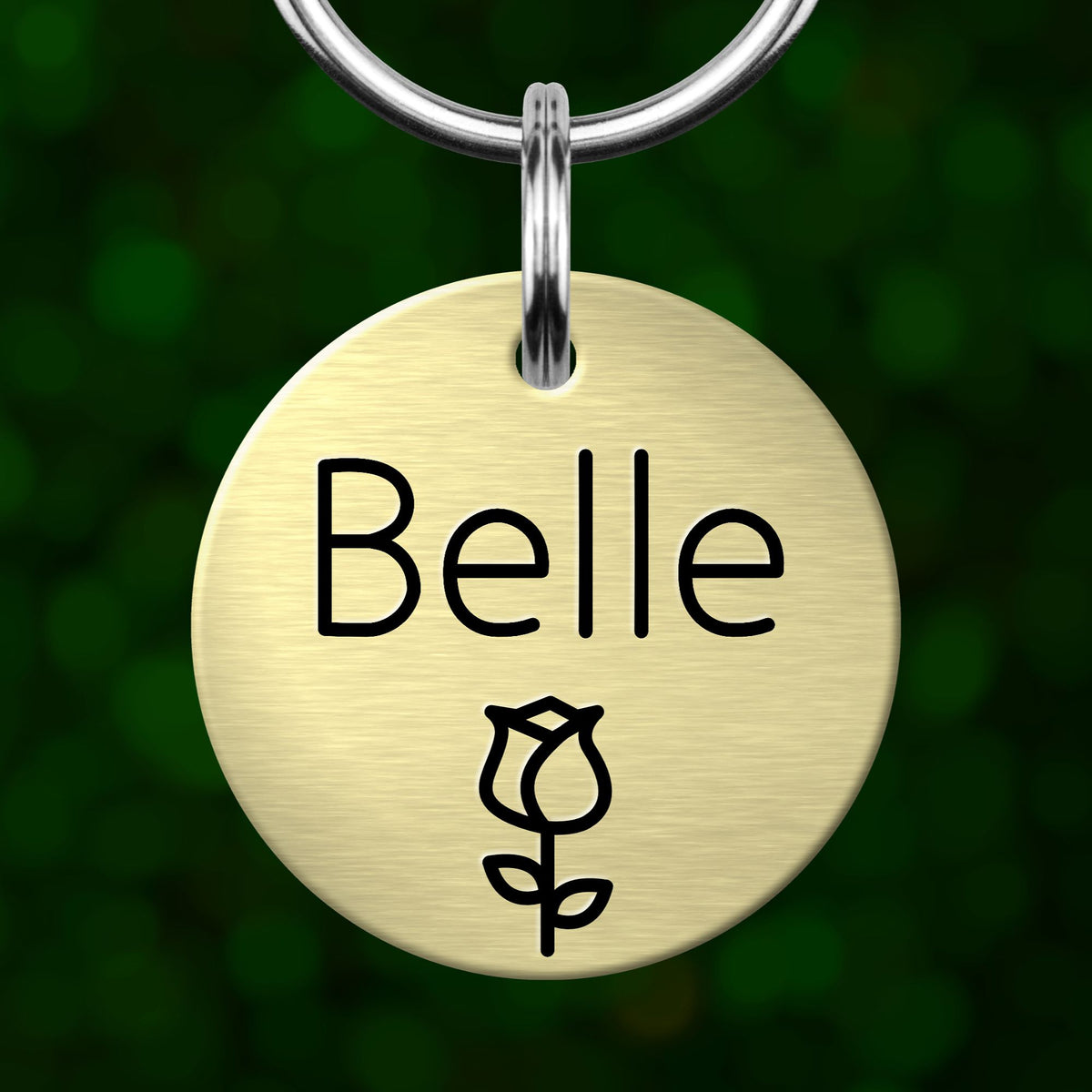 A round metal pet tag with the name "Belle" written on it, along with a simple rose symbol.