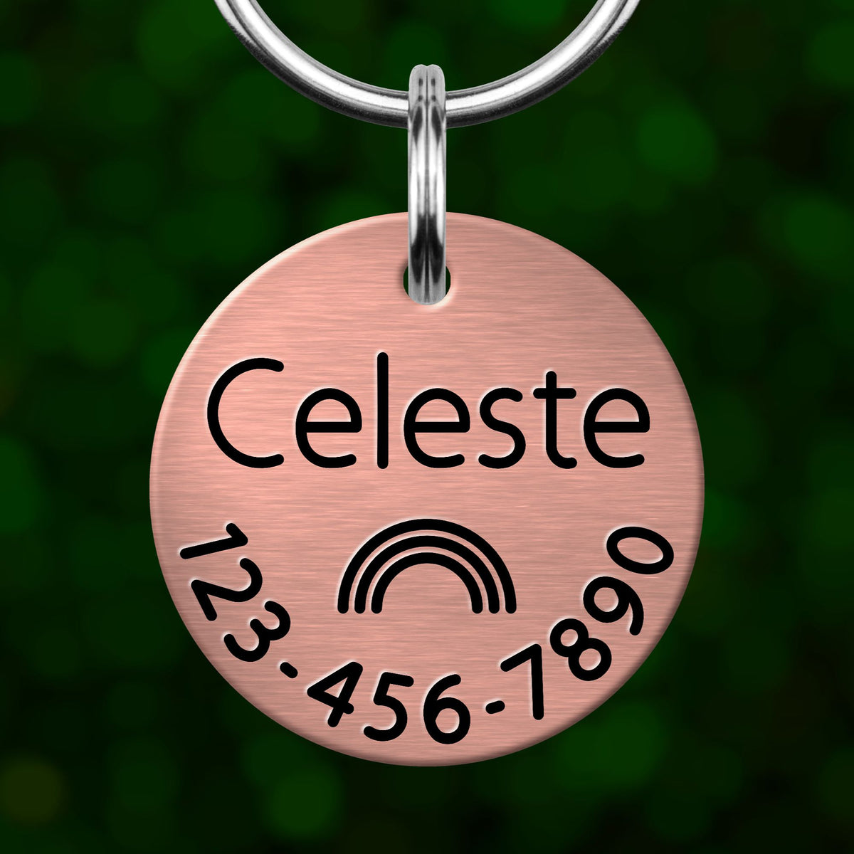 A copper-colored pet name tag with the name "Celeste" and a phone number "123-456-7890" printed on it.