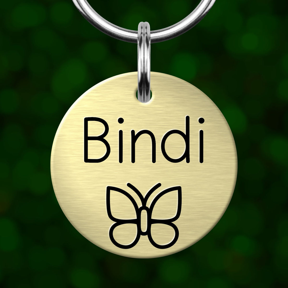 A round metal pet tag with the name "Bandi" and a butterfly symbol printed on it.