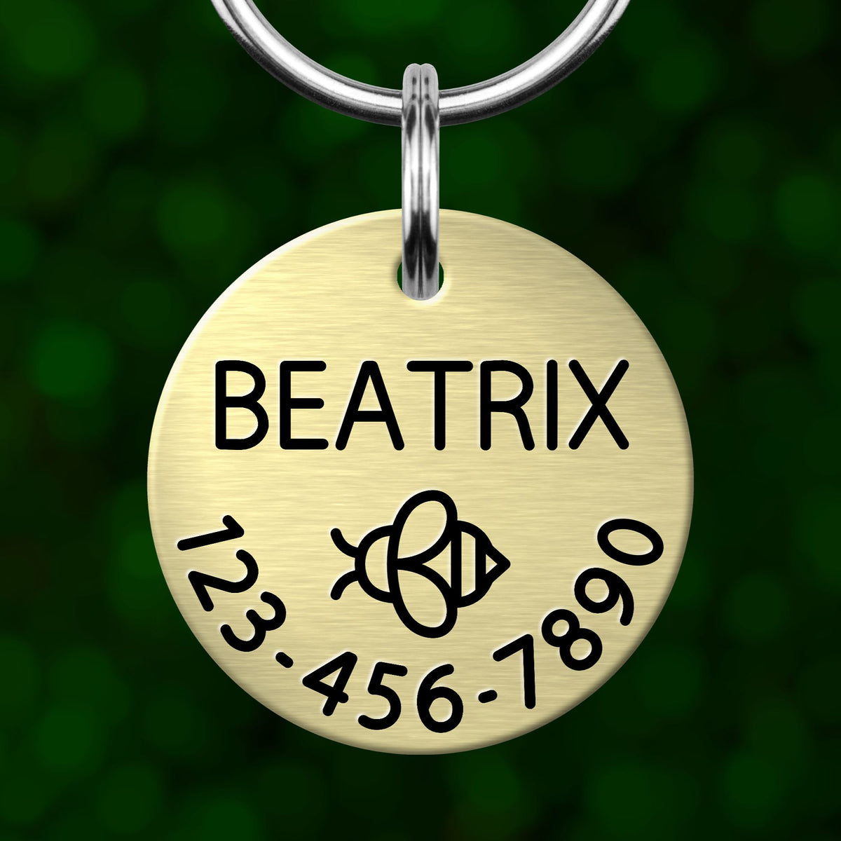 A round metal pet tag with the name "BEATRIX" and a phone number on it, hanging from a keychain.