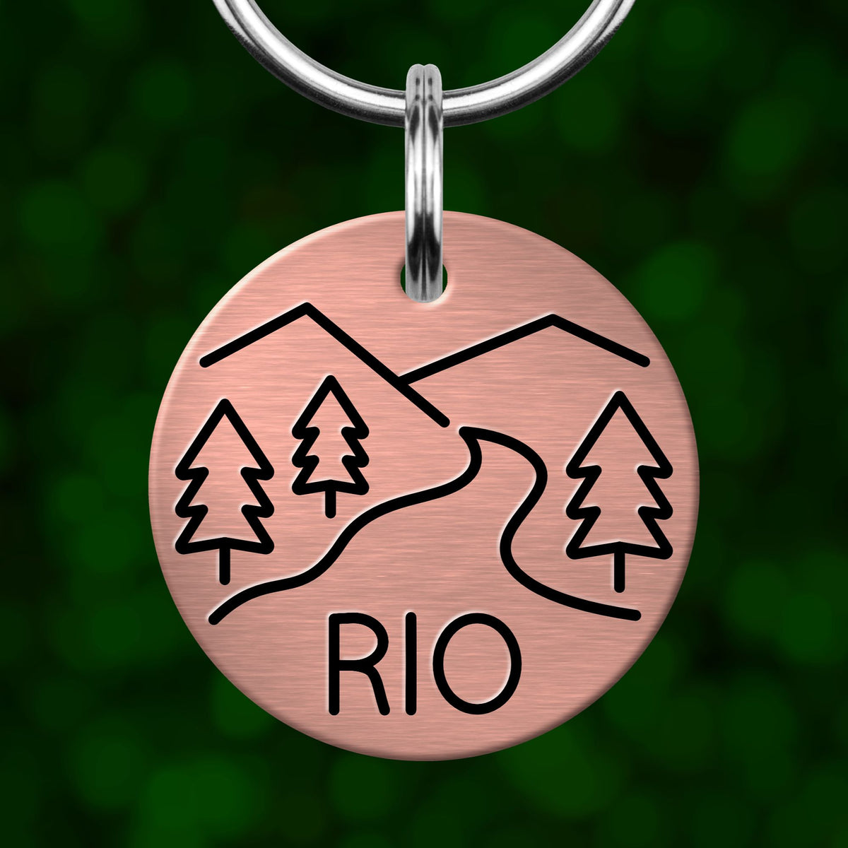 A round metal keychain with a design of trees and a winding path, representing the city of Rio de Janeiro.