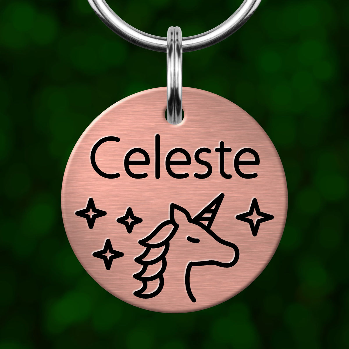 A round metal pet tag with the name "Celeste" and a unicorn illustration, hanging from a metal loop.