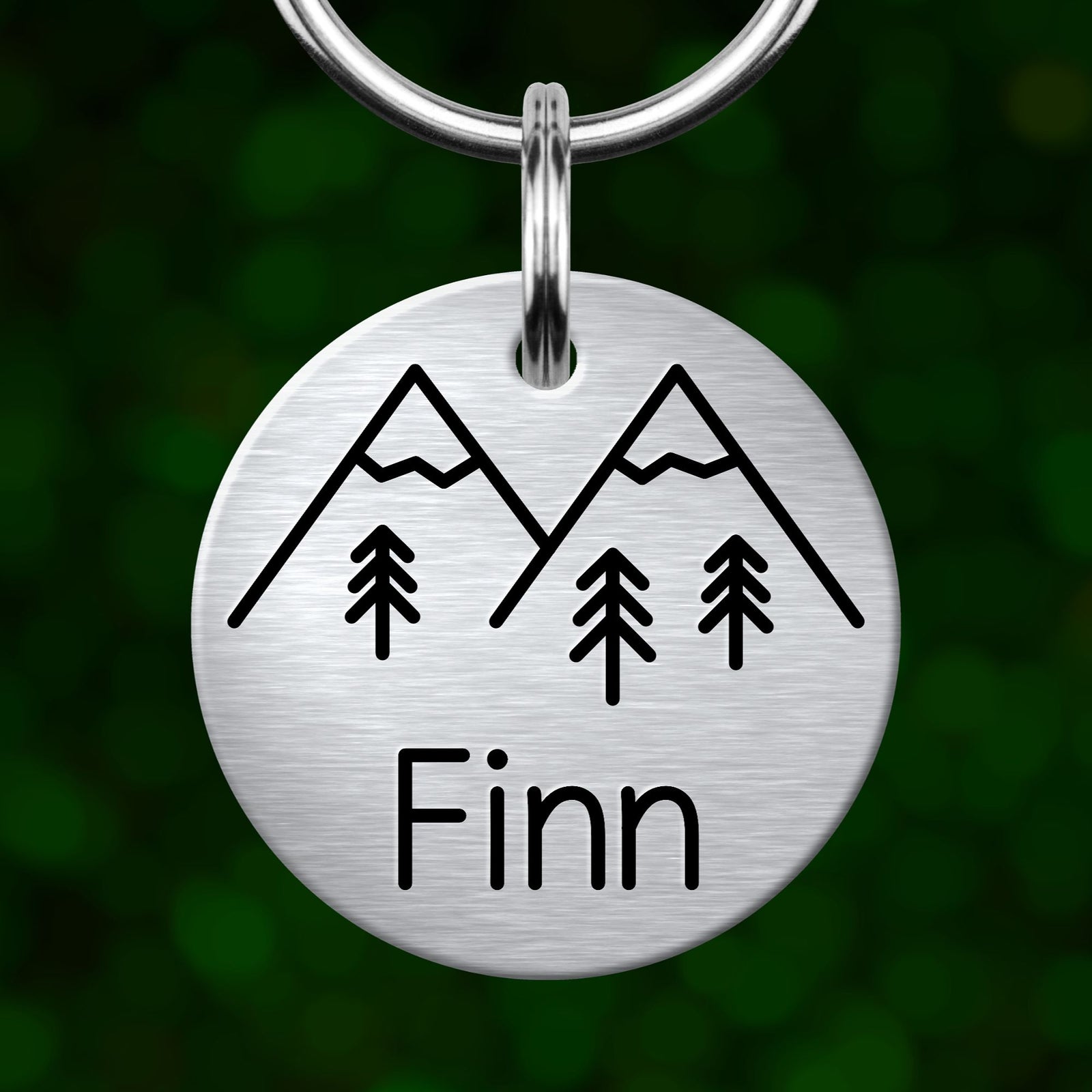 A silver keychain tag with a mountain and tree design, and the name "Finn" written below it.