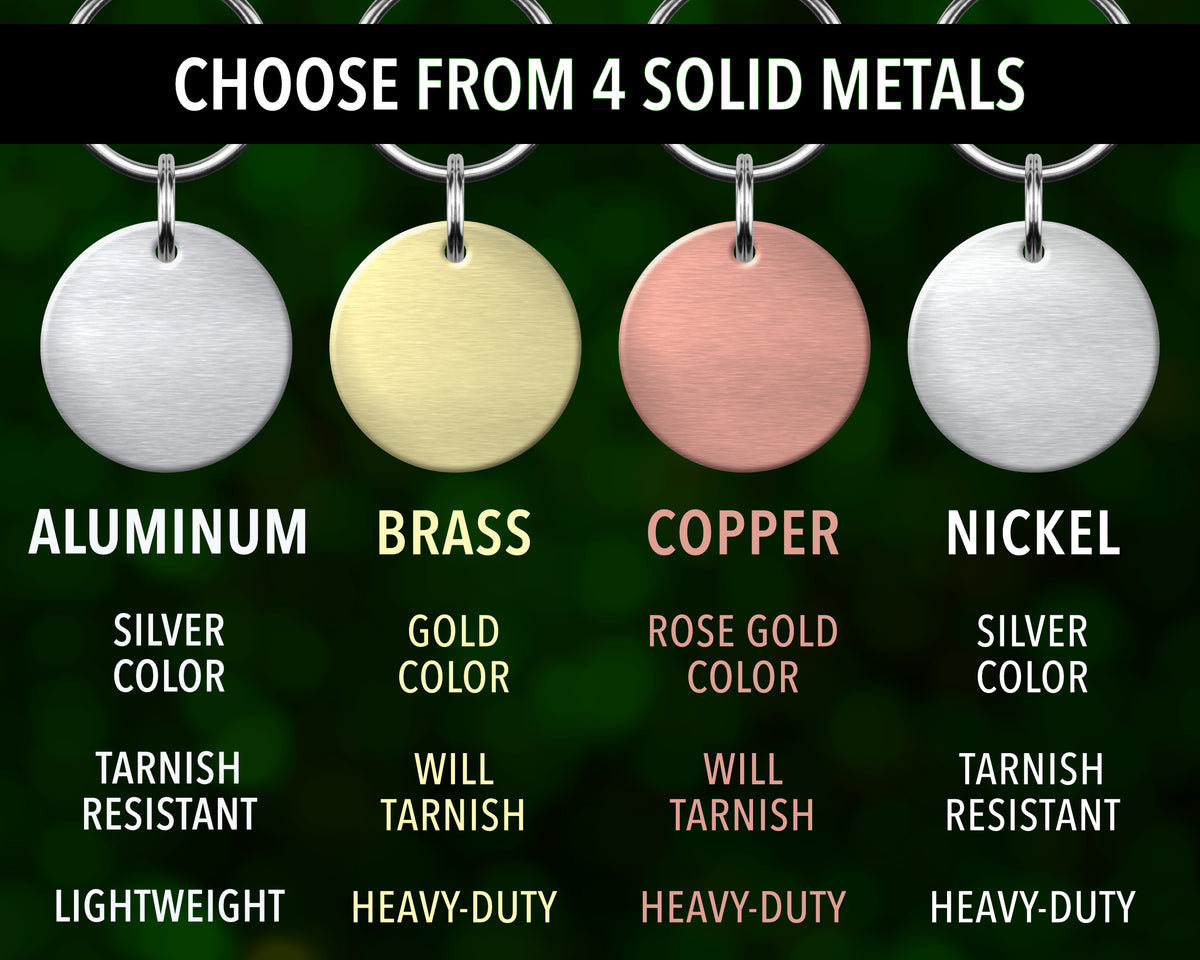 four solid metal tags with different colors and characteristics, including aluminum, brass, copper, and nickel. The tags are arranged in a grid format, with each row representing a different metal type and the columns representing the color of the metal. The image provides a visual comparison of the various solid metal options, allowing viewers to choose from the available colors and types.