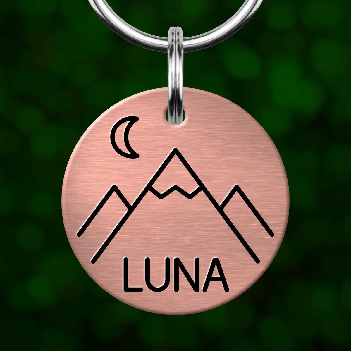 A round metal keychain tag with a mountain and crescent moon design, and the word "Luna" written below it.