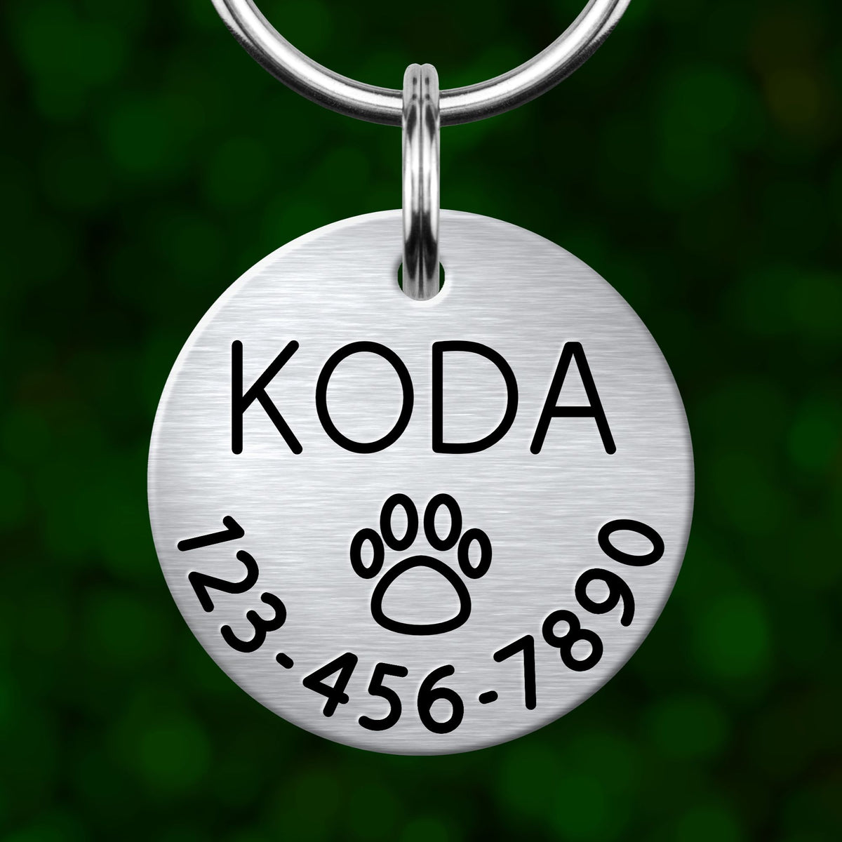 A silver metal pet tag with the name "KODA" and a paw print symbol, along with a phone number.