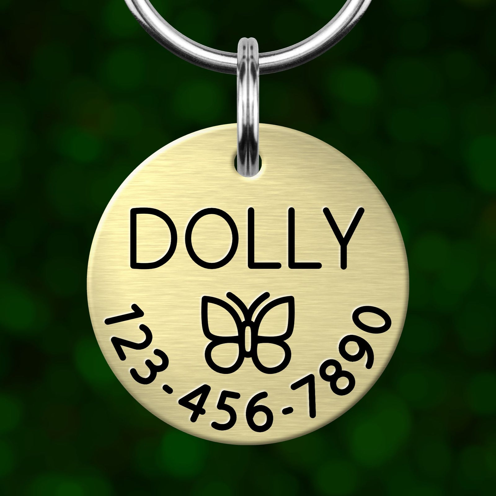 A round metal pet tag with the name "Dolly" and a butterfly symbol printed on it.