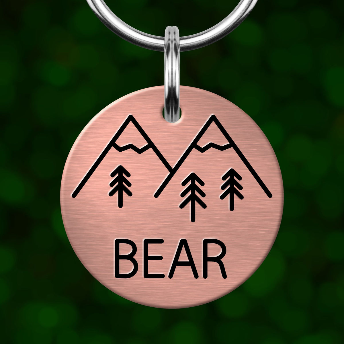 A round metal keychain tag with a mountain and tree design, and the word "BEAR" printed on it.