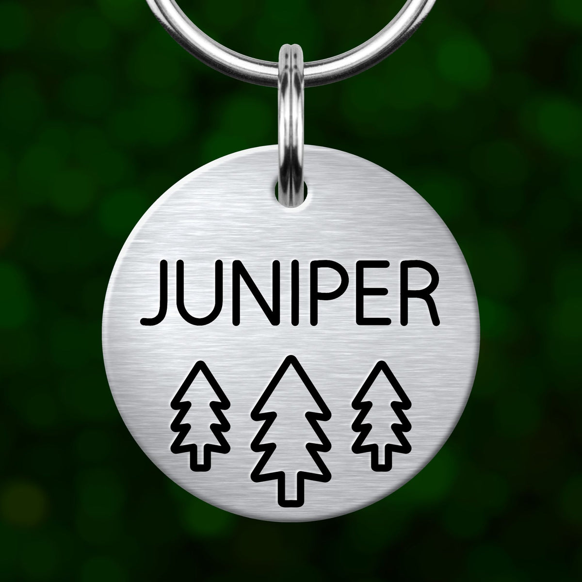 A silver circular pet tag with the name "JUNIPER" printed on it, along with three tree icons.