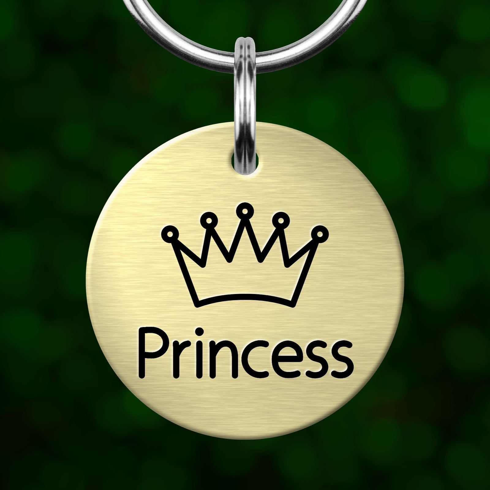 A round metal pet tag with a crown symbol and the word "Princess" printed on it.