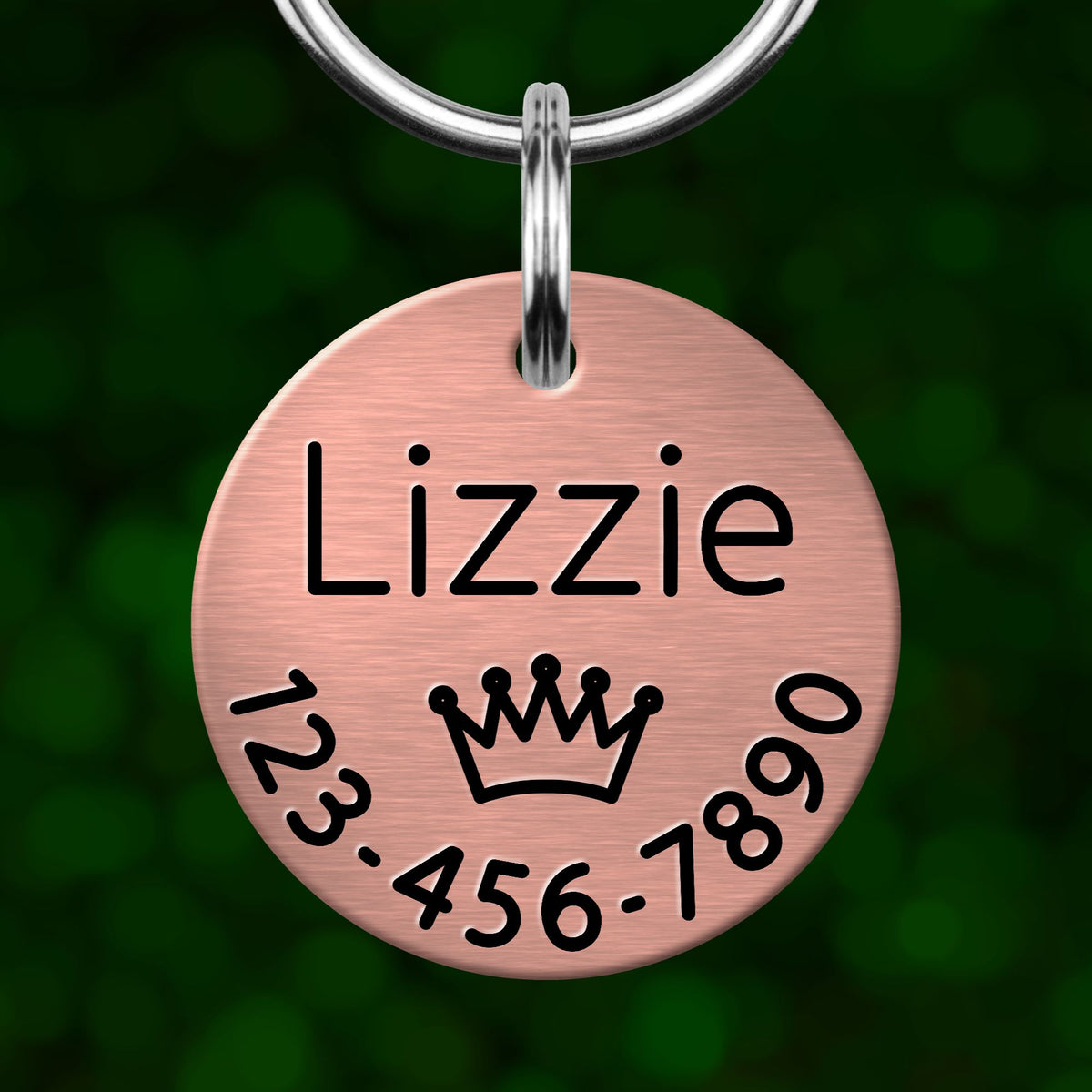 A round metal pet tag with the name "Lizzie" and a crown symbol printed on it.
