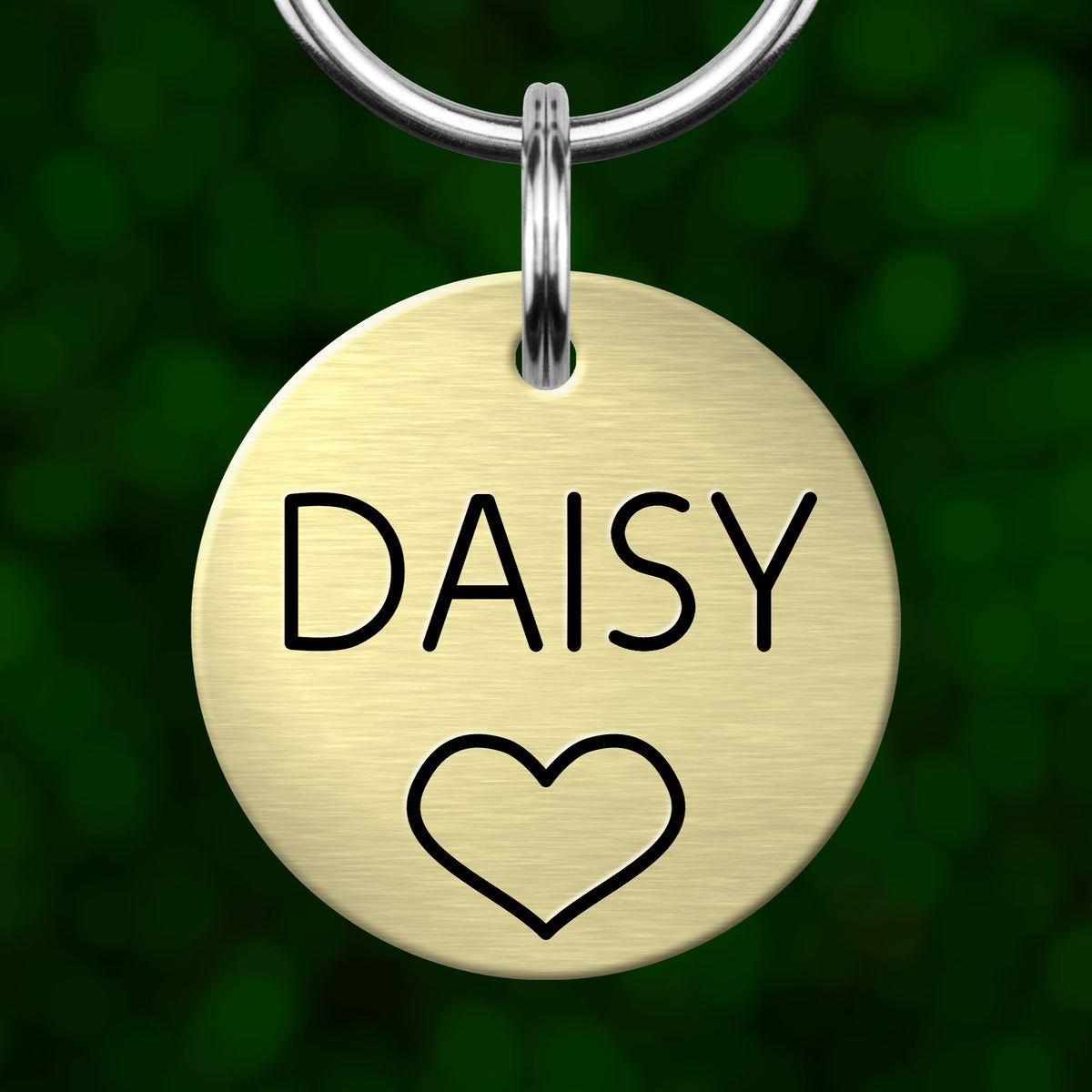 A round metal dog tag with the name "DAISY" and a heart symbol printed on it.