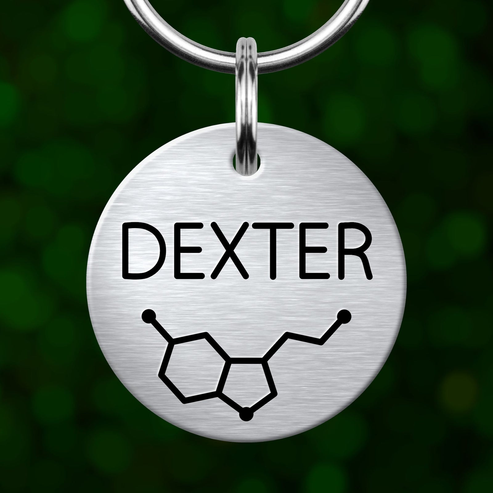 A round metal keychain tag with the name "DEXTER" printed on it, along with a chemical symbol.
