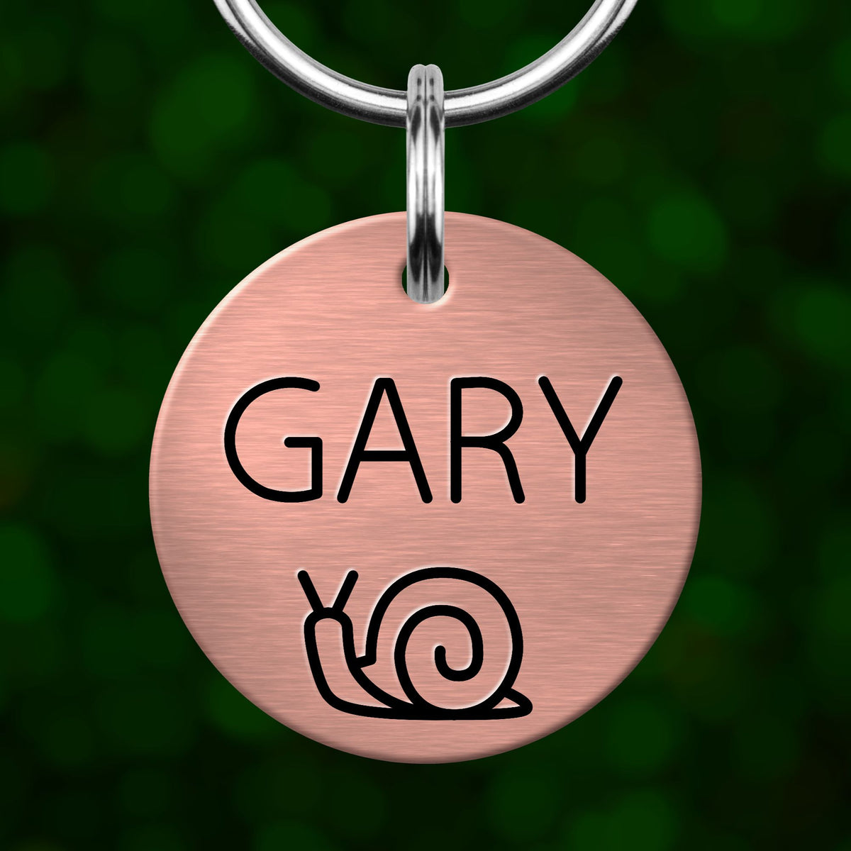 A round metal pet tag with the name "GARY" printed on it, featuring a simple black snail design.