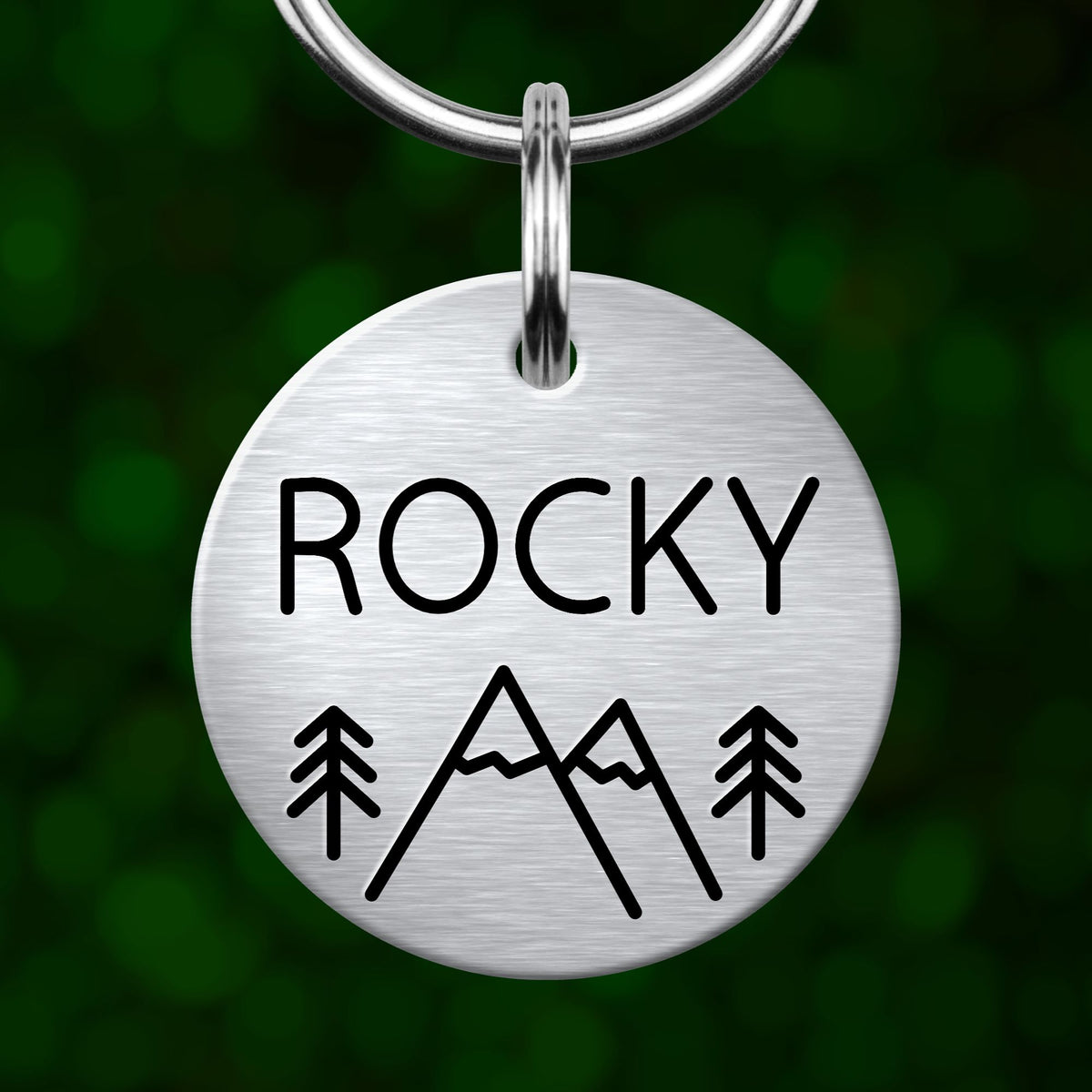 A round metal pet tag with the name "ROCKY" and mountain icons printed on it.