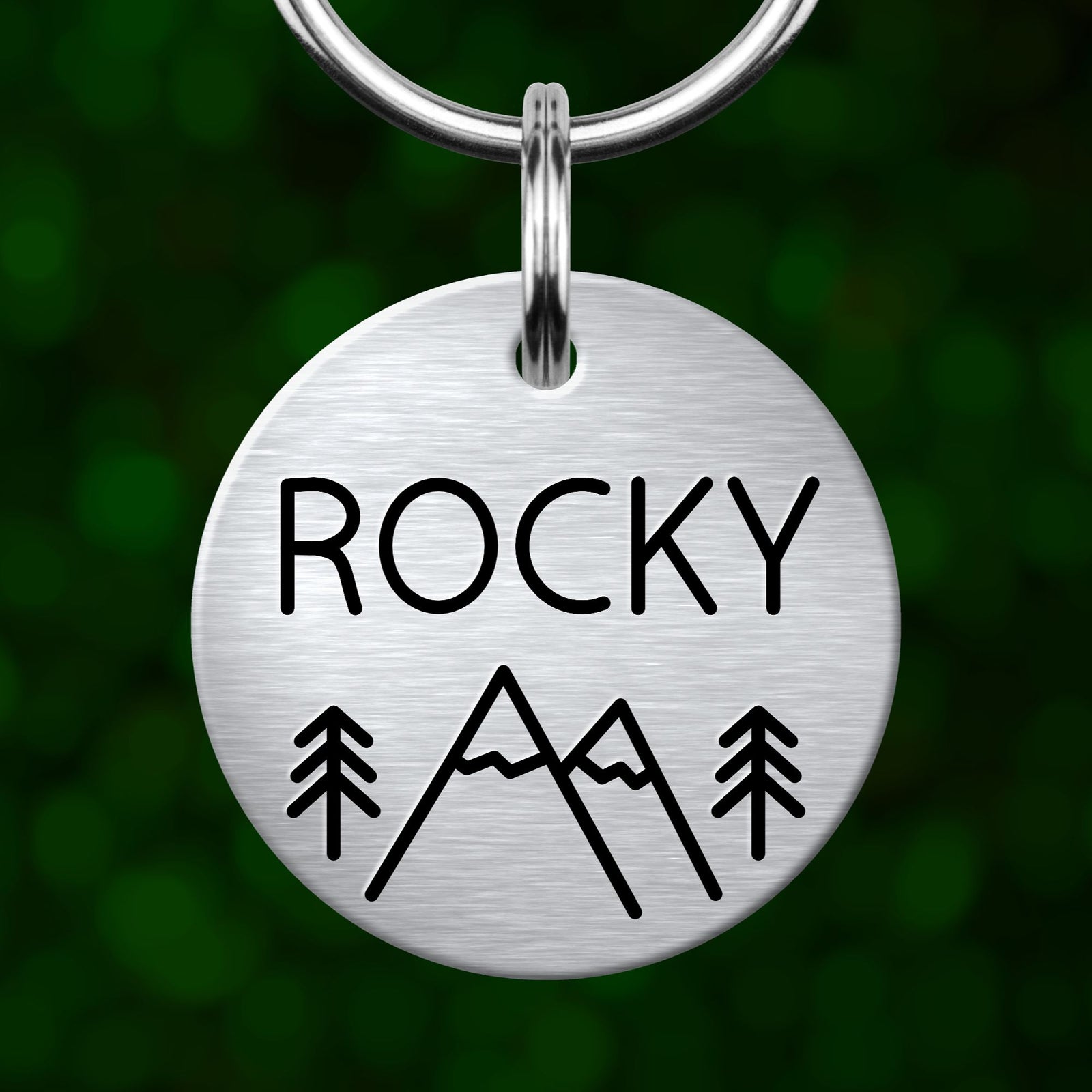 A round metal pet tag with the name "ROCKY" and mountain icons printed on it.