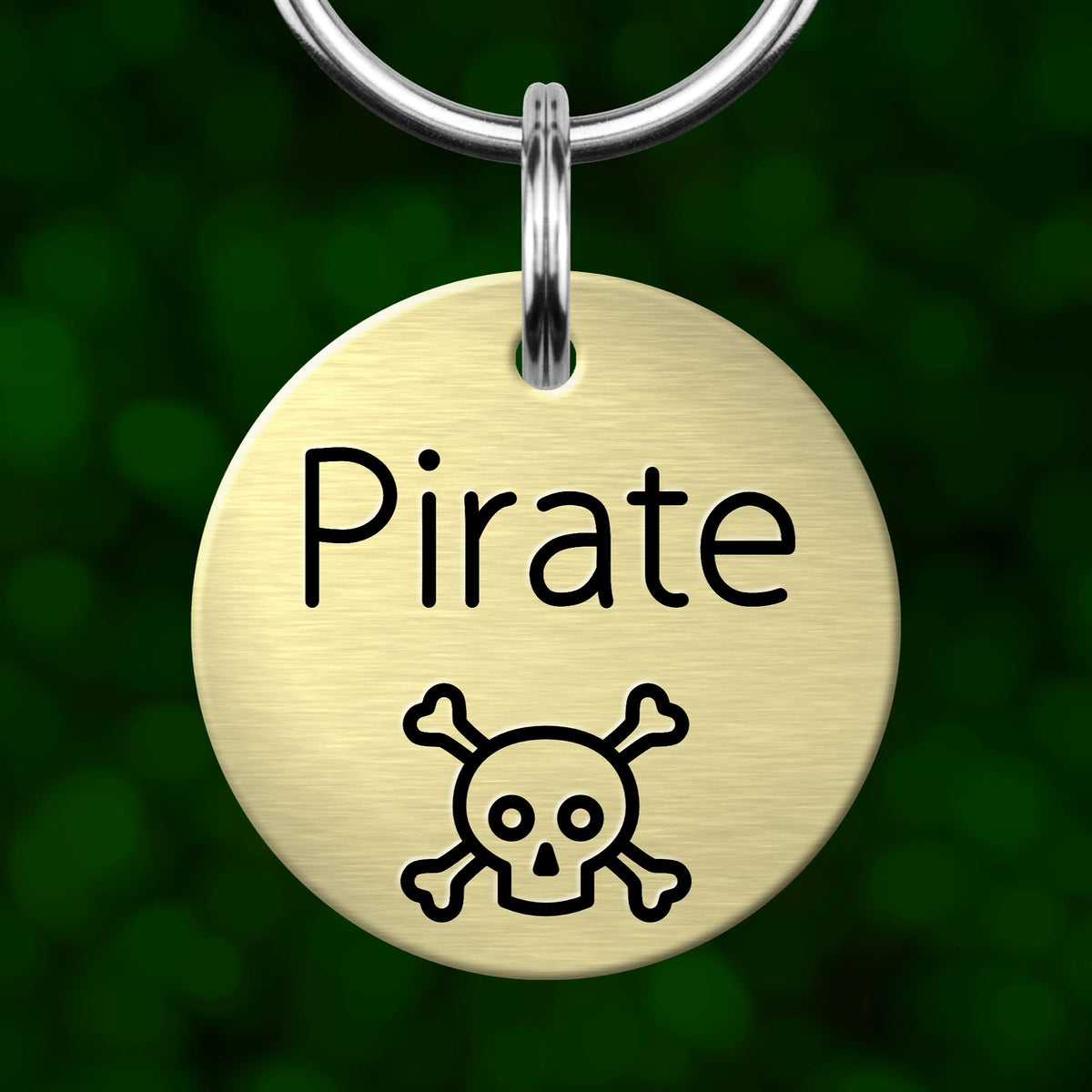 A round metal pet tag with the word "Pirate" written on it, along with a skull and crossbones symbol.