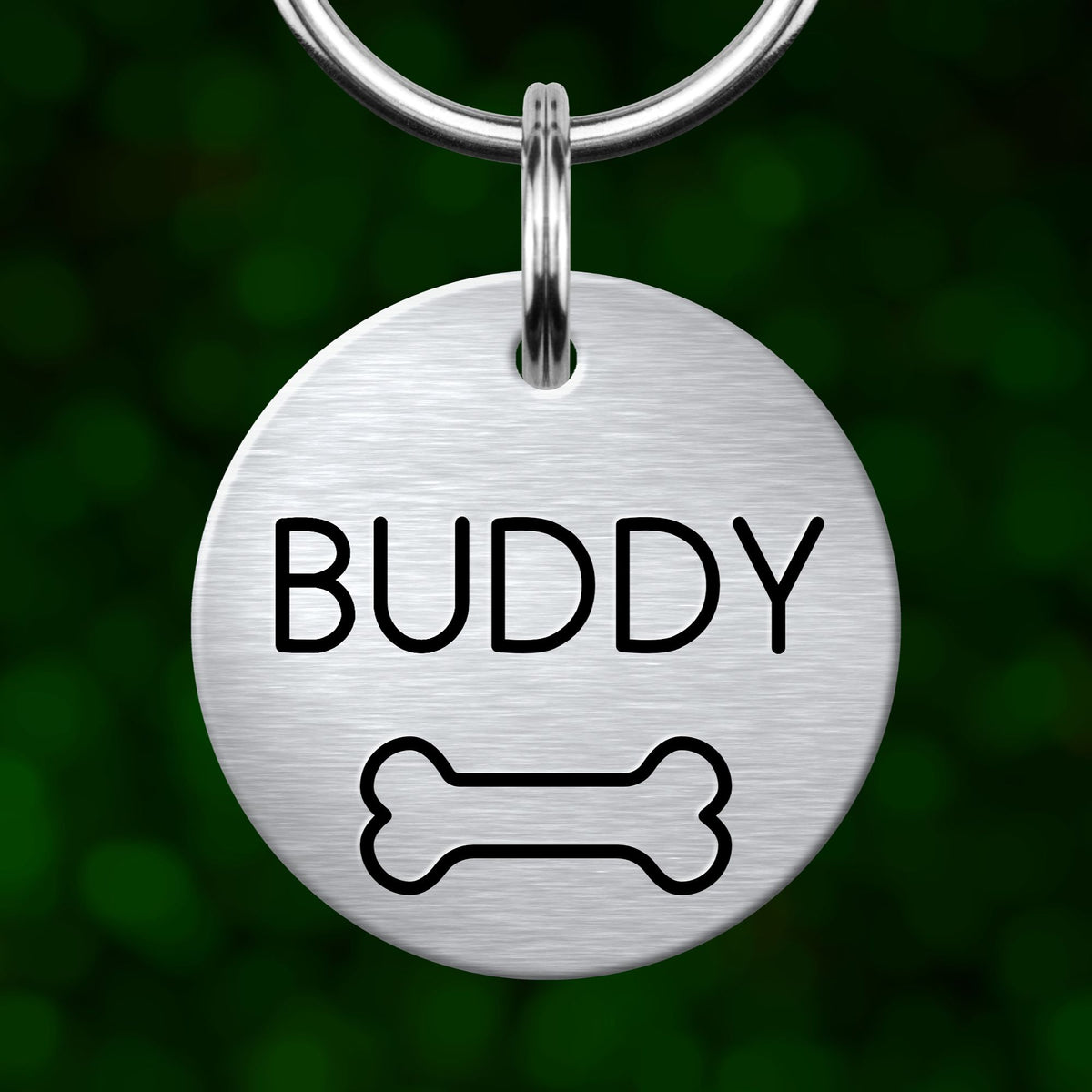 A round metal dog tag with the word "Buddy" printed on it, along with a bone symbol.