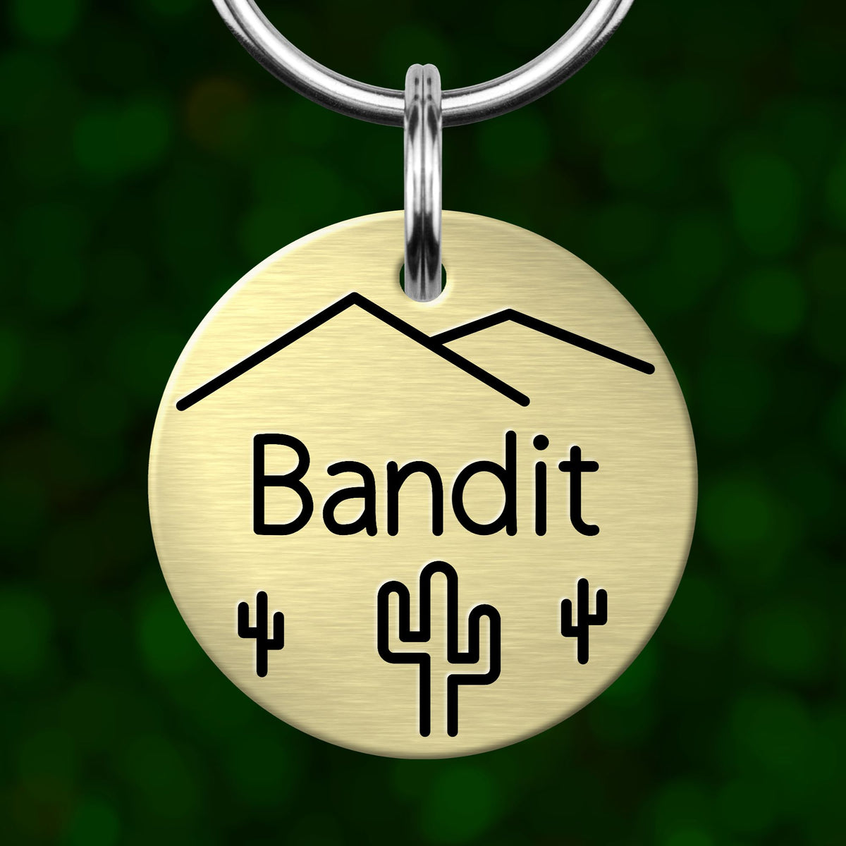 A round metal keychain tag with the word "Bandit" and a graphic of a cactus and mountains.