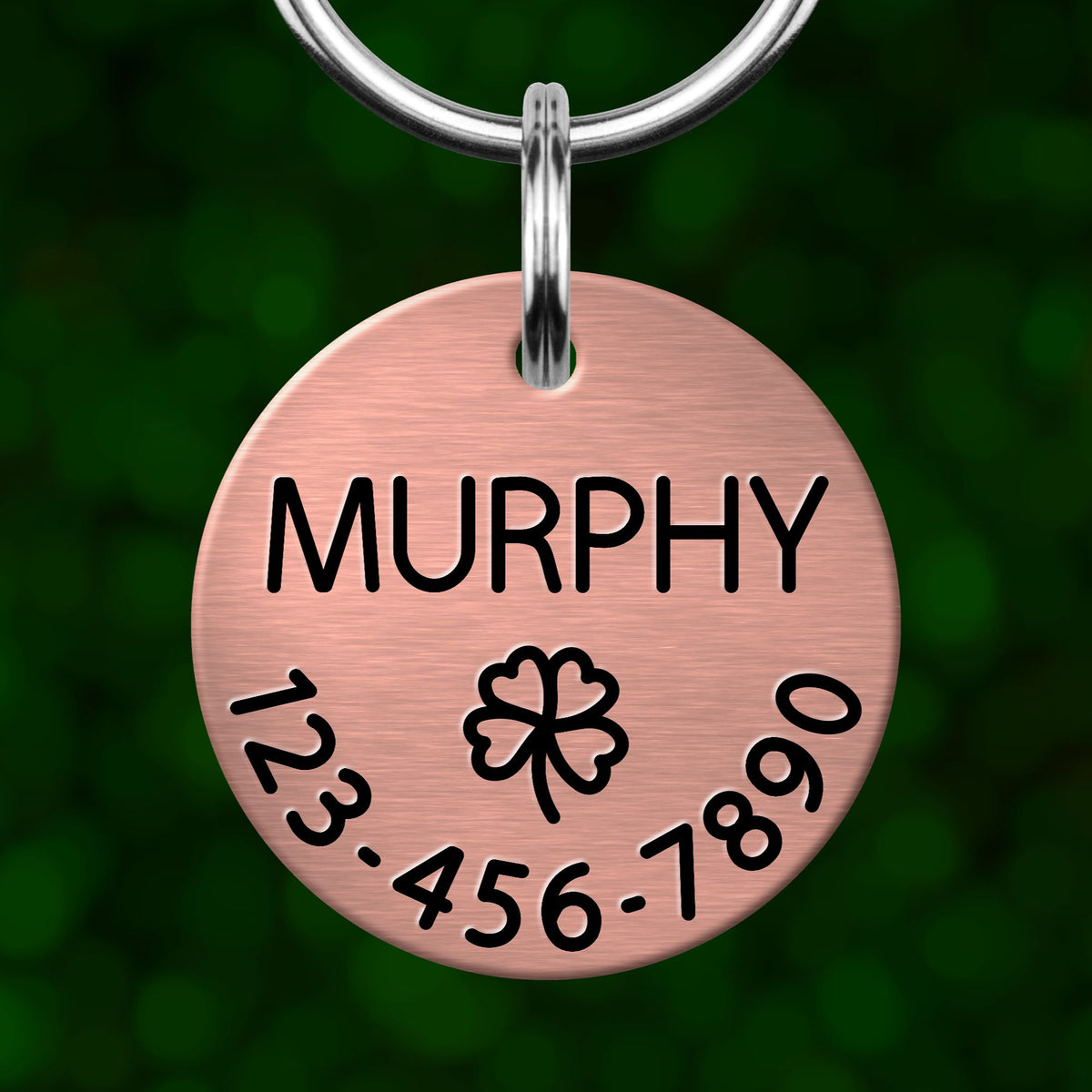 A copper-colored pet name tag with the name "MURPHY" and a cloverleaf symbol, along with the numbers "123-456-7890".