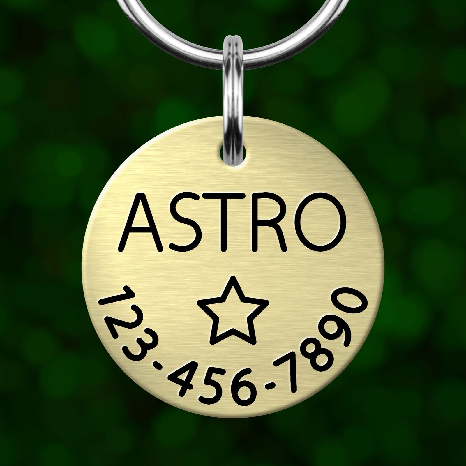 A round metal pet tag with the word "ASTRO" printed on it, along with a star symbol and a phone number.