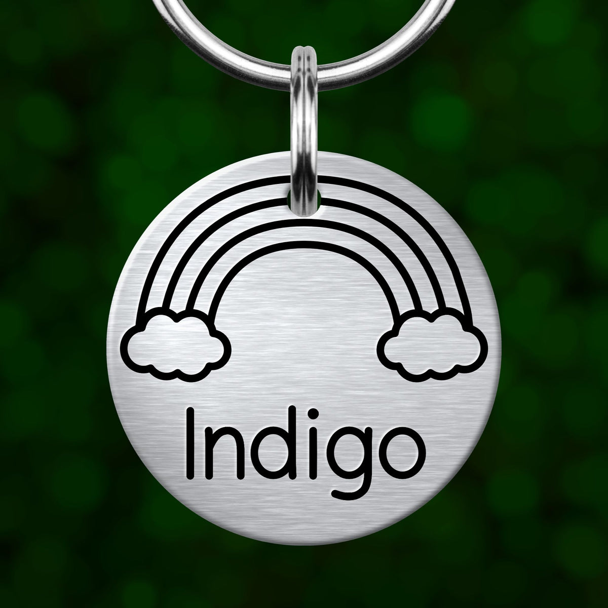 A silver circular pet tag with a rainbow graphic and the word "Indigo" written on it.