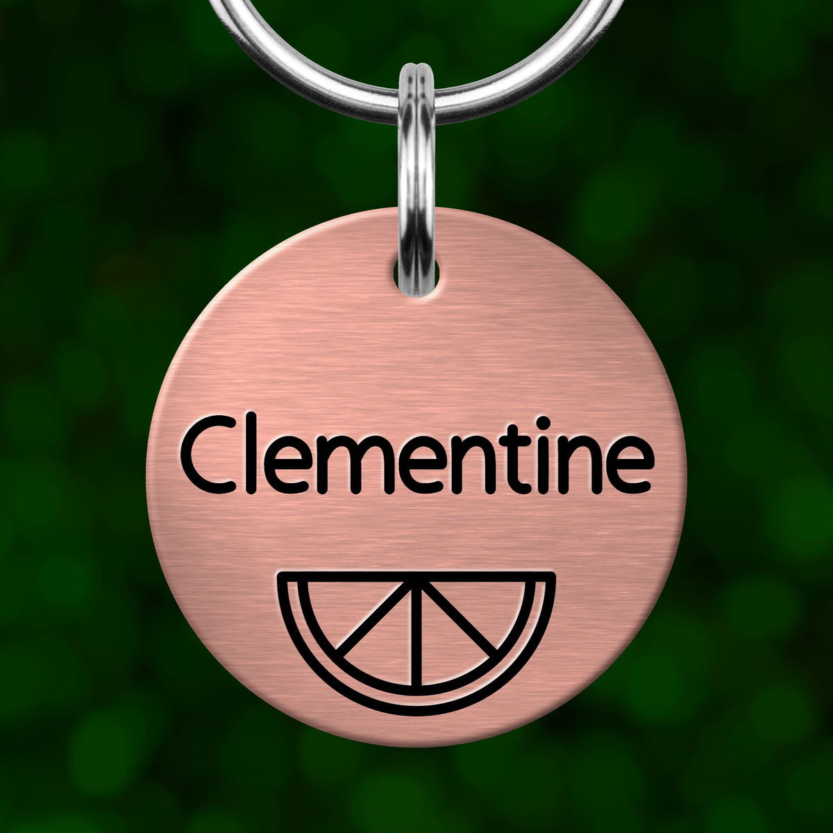 A round metal pet tag with the name "Clementine" printed on it, along with a simple black and white graphic of a lemon slice.
