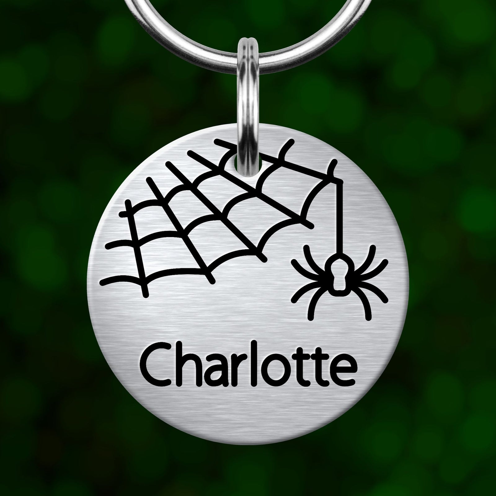 A round metal keychain tag with a spider and web design, and the name "Charlotte" written on it.