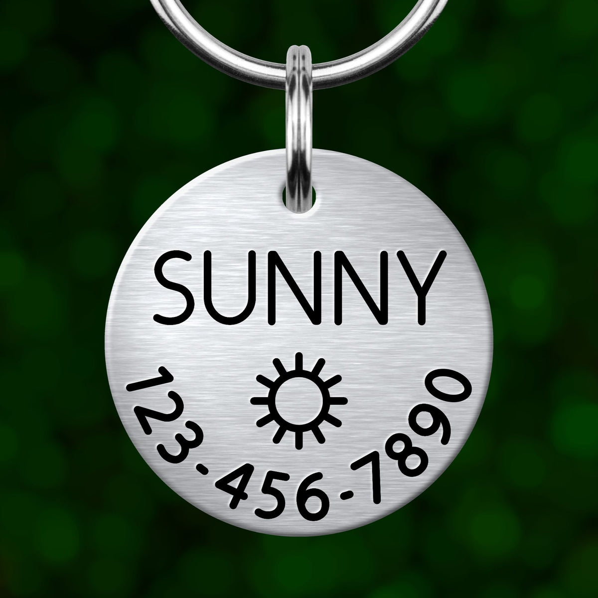A silver metal pet tag with the name "SUNNY" and a sun icon, along with the numbers "123-456-7890".