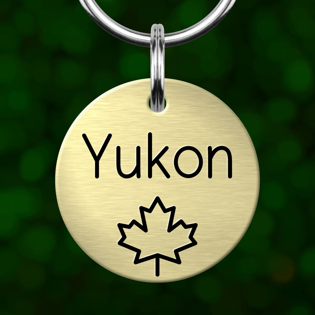 A round metal pet tag with the name "Yukon" written on it, along with a maple leaf symbol.