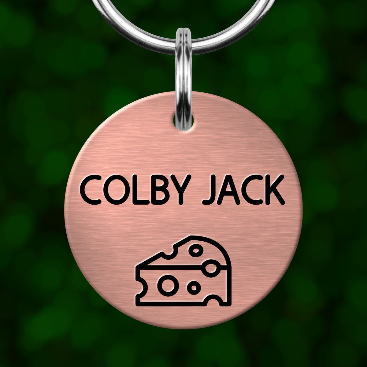 A round metal dog tag with the name "COLBY JACK" printed on it, along with a simple cheese icon.