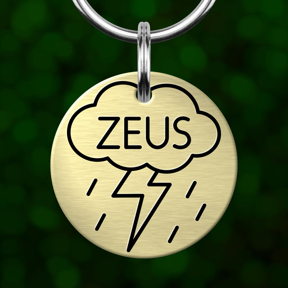 A round metal keychain tag with the word "ZEUS" and a lightning bolt symbol printed on it.