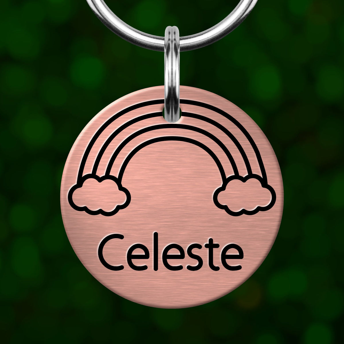 A round metal pet tag with a rainbow design and the name "Celeste" printed on it.