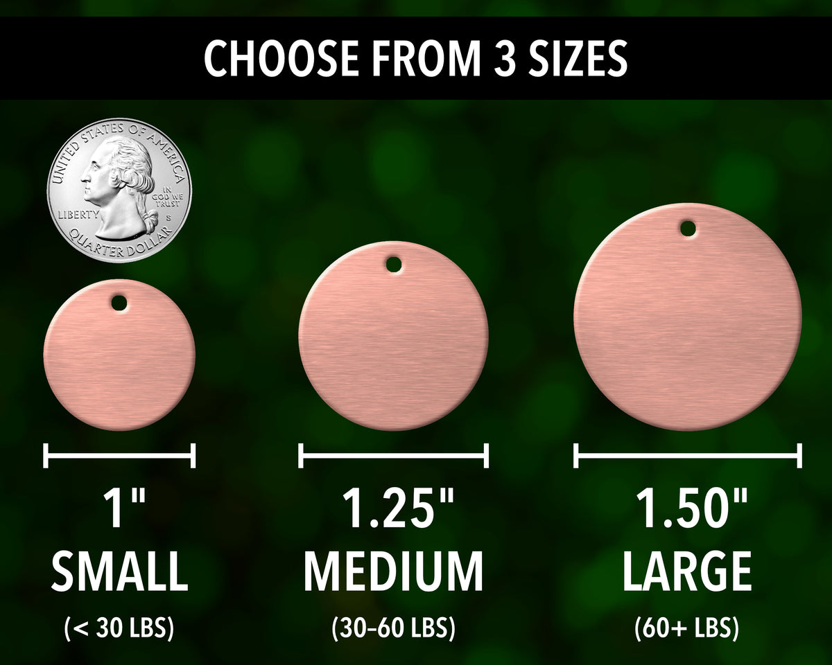 three different sizes of copper-colored tags, each with a corresponding weight measurement. The tags are labeled as small, medium, and large, and the weights are given in pounds (1.25, 1.50, 1.50).