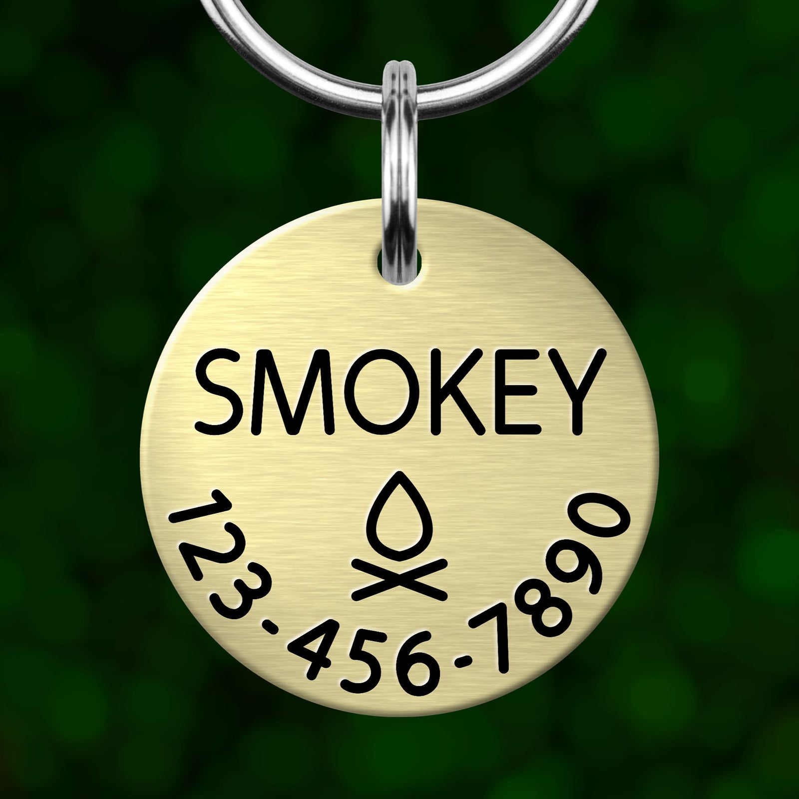 A round metal pet tag with the name "SMOKEY" printed on it, along with a phone number and a symbol.