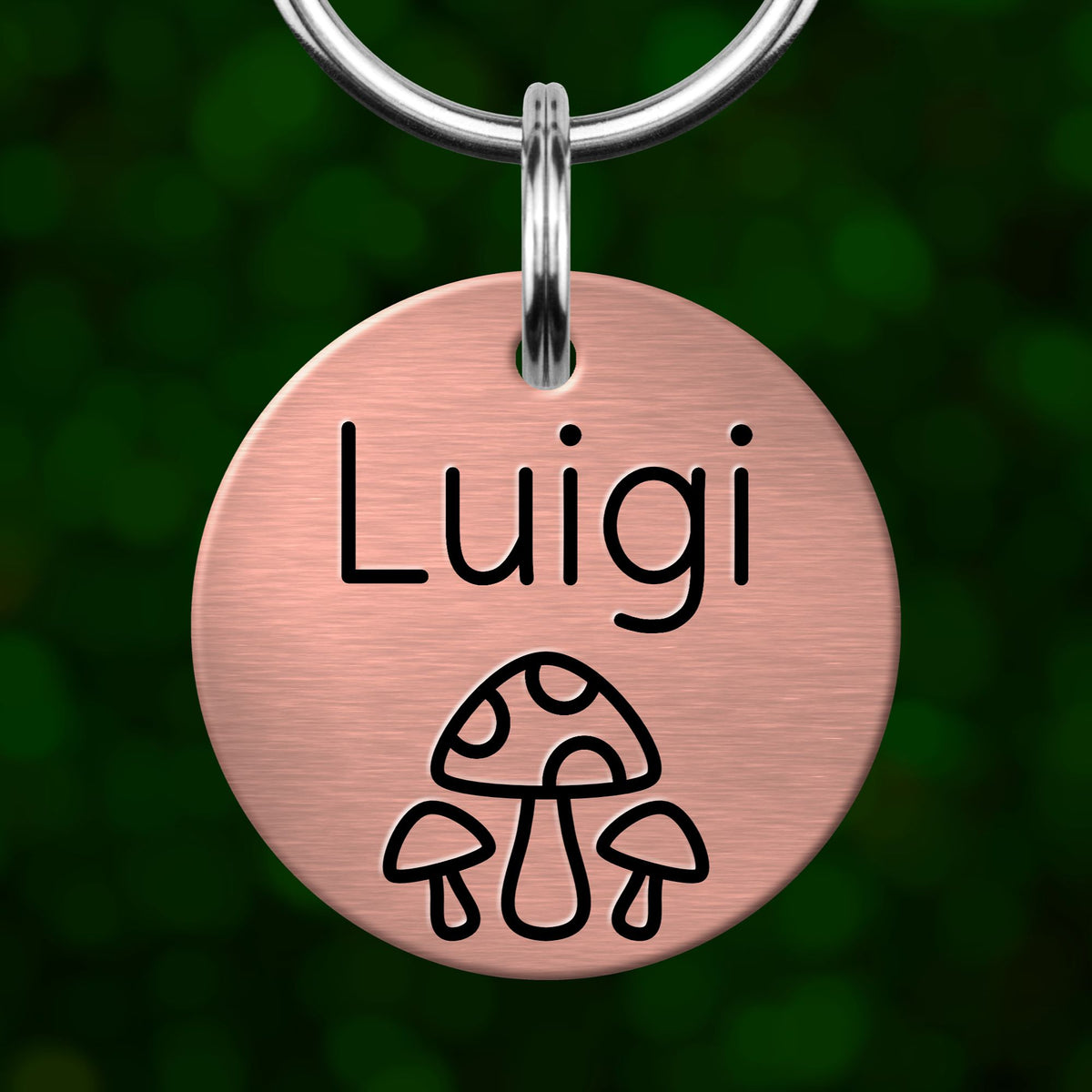 A round metal pet tag with the name 'Luigi' and a mushroom icon printed on it.