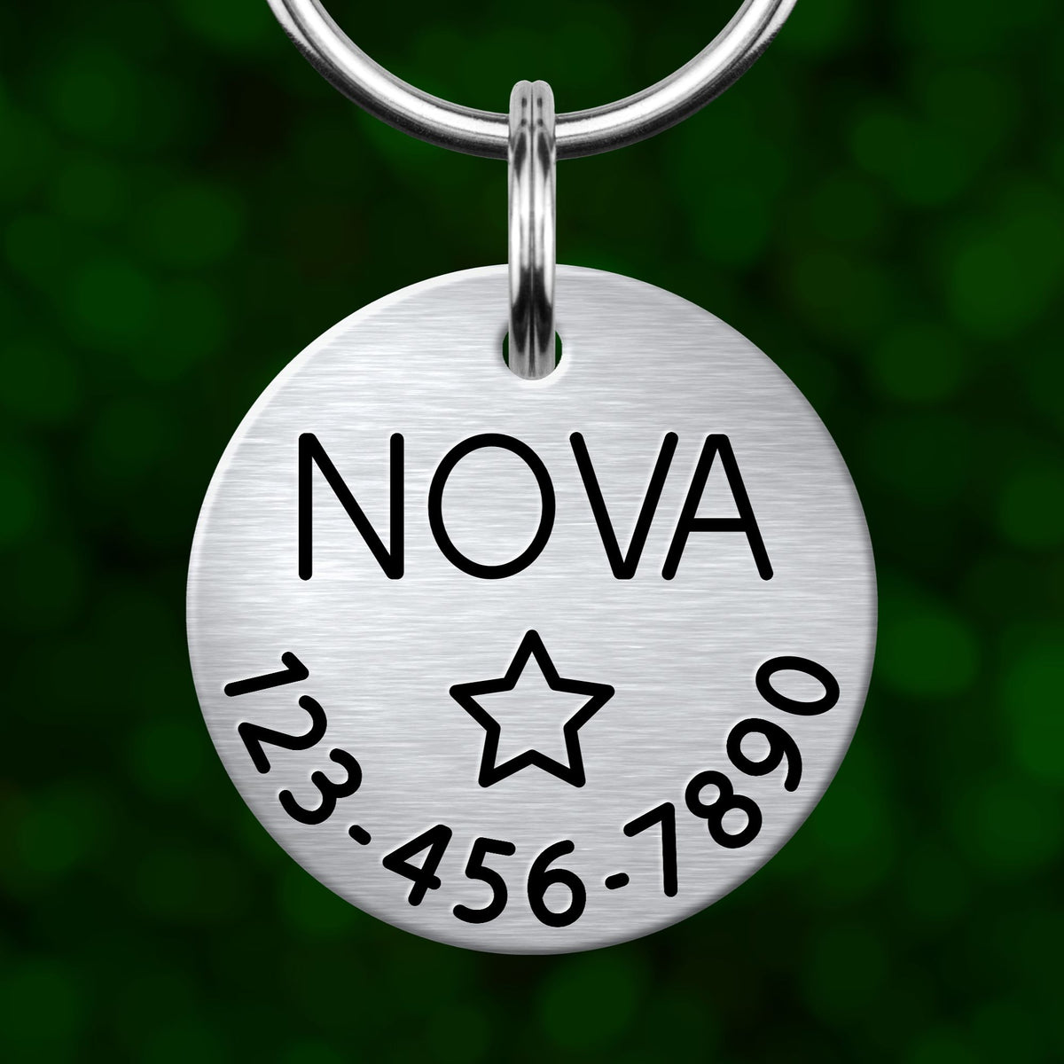 A silver-colored metal pet tag with the name "NOVA" and a star symbol, along with a phone number.