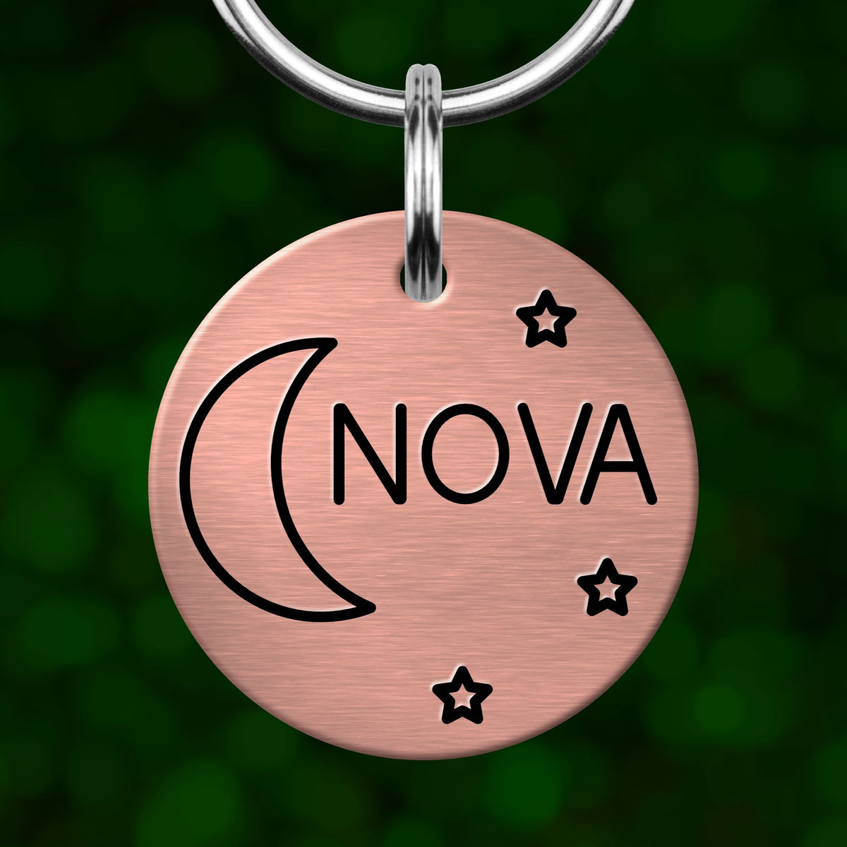 A round metal pet tag with the name 'NOVA' printed on it, hanging from a metal loop.