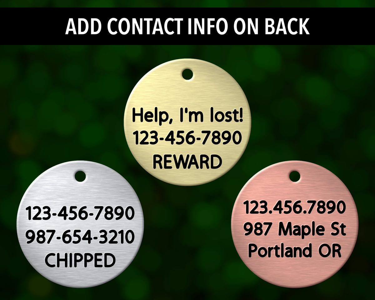 three metal tags with contact information, including phone numbers and locations, against a green background.