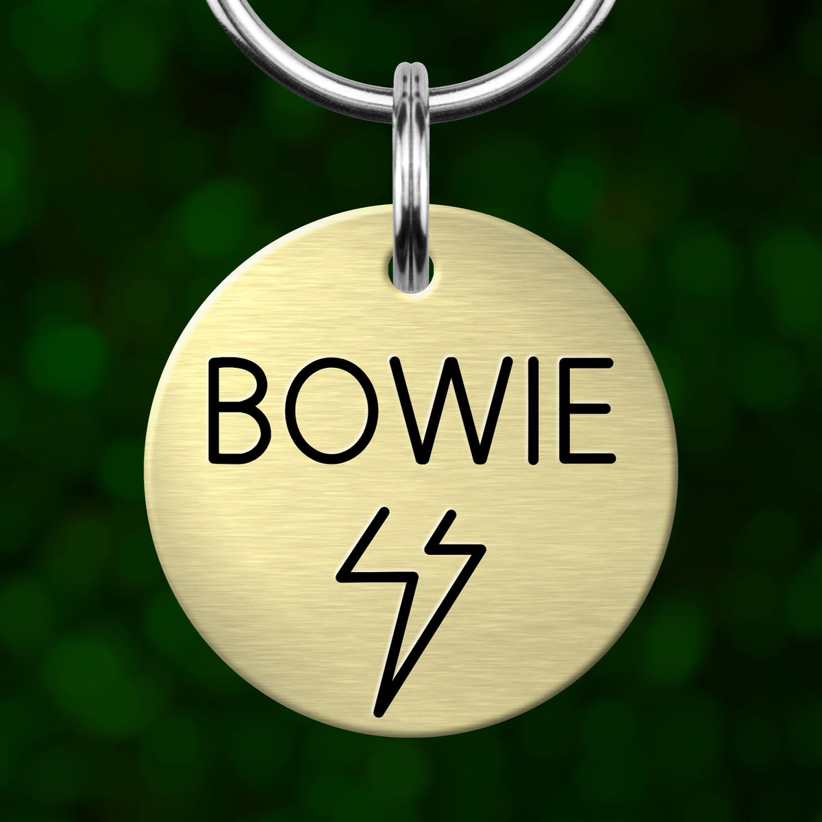A round metal dog tag with the name "BOWIE" and a lightning bolt symbol printed on it.